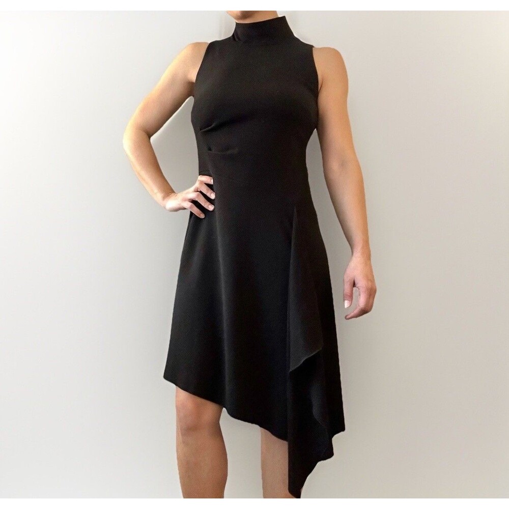 WHBM Black Sleeveless Mock Neck Asymmetrical Hem Midi Dress Women’s Size 4